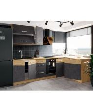 Colonne cuisine - Mélaminé chêne lancelot et gris matera - 2 portes + 5 étageres - 60 x 210 cm