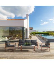 Salon bas de jardin en aluminium effet bois avec coussins - 5 personnes - PUERTO - Gris