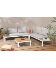 Mobile da giardino modulare, in alluminio bianco e polywood - 4 persone con cuscini grigi - SANTANA