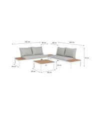 Mobile da giardino modulare, in alluminio bianco e polywood - 4 persone con cuscini grigi - SANTANA