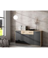 Partikel-Sideboard aus Melamin – Eiche und Schwarz – 4 Türen + 2 Schubladen – 162,3 x 34,2 x 81,7 cm