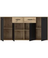 Partikel-Sideboard aus Melamin – Eiche und Schwarz – 4 Türen + 2 Schubladen – 162,3 x 34,2 x 81,7 cm