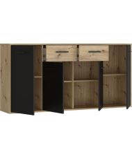 Buffet Particules mélaminé - chêne et noir - 4 portes + 2 tiroirs - 162,3 x 34,2 x 81,7 cm