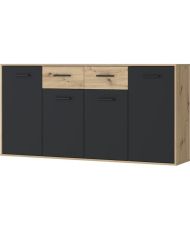 Partikel-Sideboard aus Melamin – Eiche und Schwarz – 4 Türen + 2 Schubladen – 162,3 x 34,2 x 81,7 cm