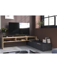 Meuble TV RAW - chêne et Steam noir - 1 abattant + 1 tiroir - 4 modulations au choix - 250 x 50 x 46.6 cm