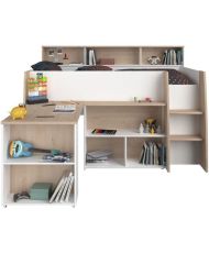 Children's combined bed with retractable desk - white and oak - 90x 200 cm - Box spring included -THEO