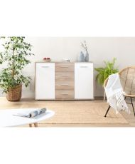 Niedriges Sideboard mit 2 Türen und 4 Schubladen – Weiß und Sonoma-Eiche – 122,6 x 34,2 x 81,1 cm