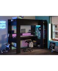  Letto per bambini combinato a soppalco LED Gamer ONLINE - 90 x 200 cm - Nero opaco - Rete inclusa