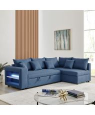 Canapé d'angle à droite convertible + Coffre de rangement + 4 coussins - Tissu Bleu - OWENS - 250 x 163 x 88 cm