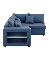 Canapé d'angle à droite convertible + Coffre de rangement + 4 coussins - Tissu Bleu - OWENS - 250 x 163 x 88 cm