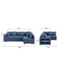 Canapé d'angle à droite convertible + Coffre de rangement + 4 coussins - Tissu Bleu - OWENS - 250 x 163 x 88 cm