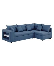 Canapé d'angle à droite convertible + Coffre de rangement + 4 coussins - Tissu Bleu - OWENS - 250 x 163 x 88 cm