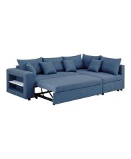 Canapé d'angle à droite convertible + Coffre de rangement + 4 coussins - Tissu Bleu - OWENS - 250 x 163 x 88 cm