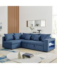 Canapé d'angle à gauche convertible + coffre de rangement + 4 coussins - Tissu Bleu - 250 x 163 x 88 cm - OWENS