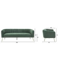 Canapé rétro - 3 places - Velours bleu vert - Style chic - 207 x 87 x 77 cm - MATHIS - Structure bois massif