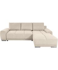 Canapé d'angle convertible LOUNGITUDE CABELLO en tissu beige avec coffre et coutures bombées