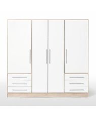 Kleiderschrank 4 Flügeltüren + 6 Schubladen – Spanplatte – Eiche und Weiß – 206 x 60 x 200 cm