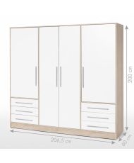 Kleiderschrank 4 Flügeltüren + 6 Schubladen – Spanplatte – Eiche und Weiß – 206 x 60 x 200 cm