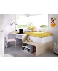 Lit combiné enfant KRIC - chêne naturel et blanc - Bureau et rangement - 90 x 190 cm