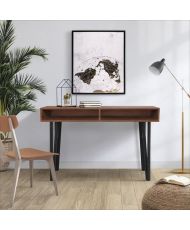 LOFTY-Schreibtisch – MDF – Walnuss – schwarze Metallbeine – 2 Aufbewahrungsnischen – 120 x 55 x 76 cm