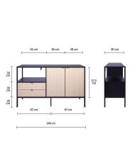 Buffet MINSK - Bois et métal - Imitation bois - 2 portes 2 tiroirs - 140 x 40 x 80 cm