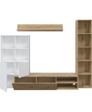 LYRA TV Unit Set: Showcase + TV unit + shelf - White and oak melamine - 3 Doors - 240 x 41 x 180 cm