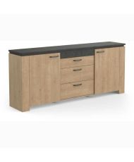 Wohnzimmerset - AUSTIN - Esstisch 170 x 90 cm - Vitrine - 2-türiges Sideboard - Hamilton-Eiche und Grau