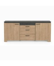 Wohnzimmerset - AUSTIN - Esstisch 170 x 90 cm - Vitrine - 2-türiges Sideboard - Hamilton-Eiche und Grau