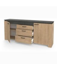 Ensemble Séjour - AUSTIN - Table salle à manger 170 x 90 cm - Vitrine - Enfilade 2 portes - chêne Hamilton et gris