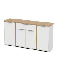 Ensemble Salon ACCESS : Table basse + Banc TV + Enfilade 4 portes - Decor chêne Hamilton et blanc