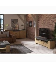 Ensemble Salon AUSTIN : Table basse + Banc TV + Enfilade 2 portes - chêne Hamilton et gris