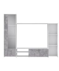 Wandmontierter TV-Schrank – Mattweiß und heller Beton – Glastür + 5 Nischen – 220,4 x 41,3 x 177,5 cm – PILVI