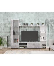 Wandmontierter TV-Schrank – Mattweiß und heller Beton – Glastür + 5 Nischen – 220,4 x 41,3 x 177,5 cm – PILVI