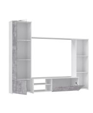 Wandmontierter TV-Schrank – Mattweiß und heller Beton – Glastür + 5 Nischen – 220,4 x 41,3 x 177,5 cm – PILVI