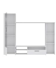 Meuble TV paroi Particules mélaminé -blanc mat - porte vitrée + 1 abattant + 5 niches - 220 x 41 x 177,5 cm