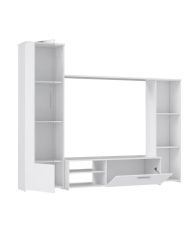 Meuble TV paroi Particules mélaminé -blanc mat - porte vitrée + 1 abattant + 5 niches - 220 x 41 x 177,5 cm