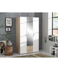 Aufklappbarer Kleiderschrank – Spanplatte – Weiß und Eiche – 3 Türen und 2 Schubladen + Spiegel – 121 x 54 x 200,1 cm – SELKEA