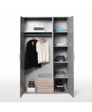 Aufklappbarer Kleiderschrank – Spanplatte – Weiß und Eiche – 3 Türen und 2 Schubladen + Spiegel – 121 x 54 x 200,1 cm – SELKEA