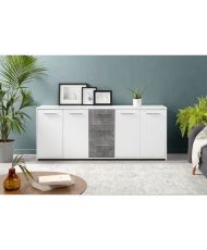 Buffet bas - Panneaux de particules - Blanc et gris béton - 4 portes + 3 tiroirs - 179 x 42 x 74,5 cm