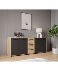 Partikelförmiges Melamin-Sideboard – Artisan-Eiche und Schwarz – 4 Türen + 3 Schubladen – 179,2 x 42 x 74,5 cm