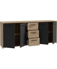 Partikelförmiges Melamin-Sideboard – Artisan-Eiche und Schwarz – 4 Türen + 3 Schubladen – 179,2 x 42 x 74,5 cm