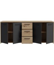 Partikelförmiges Melamin-Sideboard – Artisan-Eiche und Schwarz – 4 Türen + 3 Schubladen – 179,2 x 42 x 74,5 cm