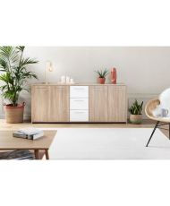 Niedriges Sideboard mit 4 Türen und 3 Schubladen – Mattweiß und Sonoma-Eiche – 179,2 x 42 x 74,5 cm