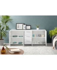 Niedriges Sideboard – Mattweiß – 4 Türen, 3 Schubladen – 179 x 42 x 74,5 cm