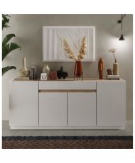 Buffet FIRENZE - Blanc Laqué et chêne Cadiz - 4 portes 1 tiroir - 205 x 40 x 87 cm