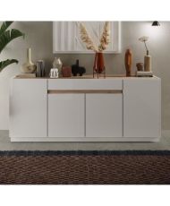 Buffet FIRENZE - Blanc Laqué et chêne Cadiz - 4 portes 1 tiroir - 205 x 40 x 87 cm