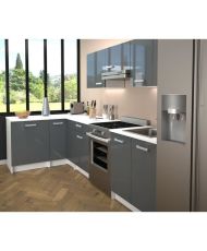 Cucina completa ad angolo - Melaminico bianco - Frontale in polimero grigio lucido - 290 x 150 cm