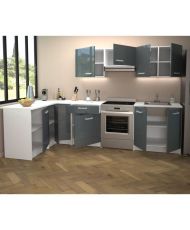Cucina completa ad angolo - Melaminico bianco - Frontale in polimero grigio lucido - 290 x 150 cm
