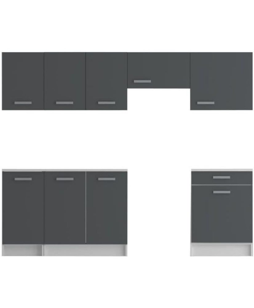 Cuisine complète - Mélaminé blanc - Façade polymere gris brillant - 240 x 60 cm Cuisine complète - Mélaminé blanc - Façade polymere gris brillant - 240 x 60 cm