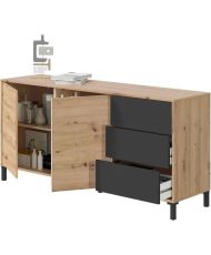 Sideboard 2 Türen 3 Schubladen – Melamin-Spanplatte – Eiche und Schwarz – BROOKLYN 154 cm x 41 cm x 74 cm